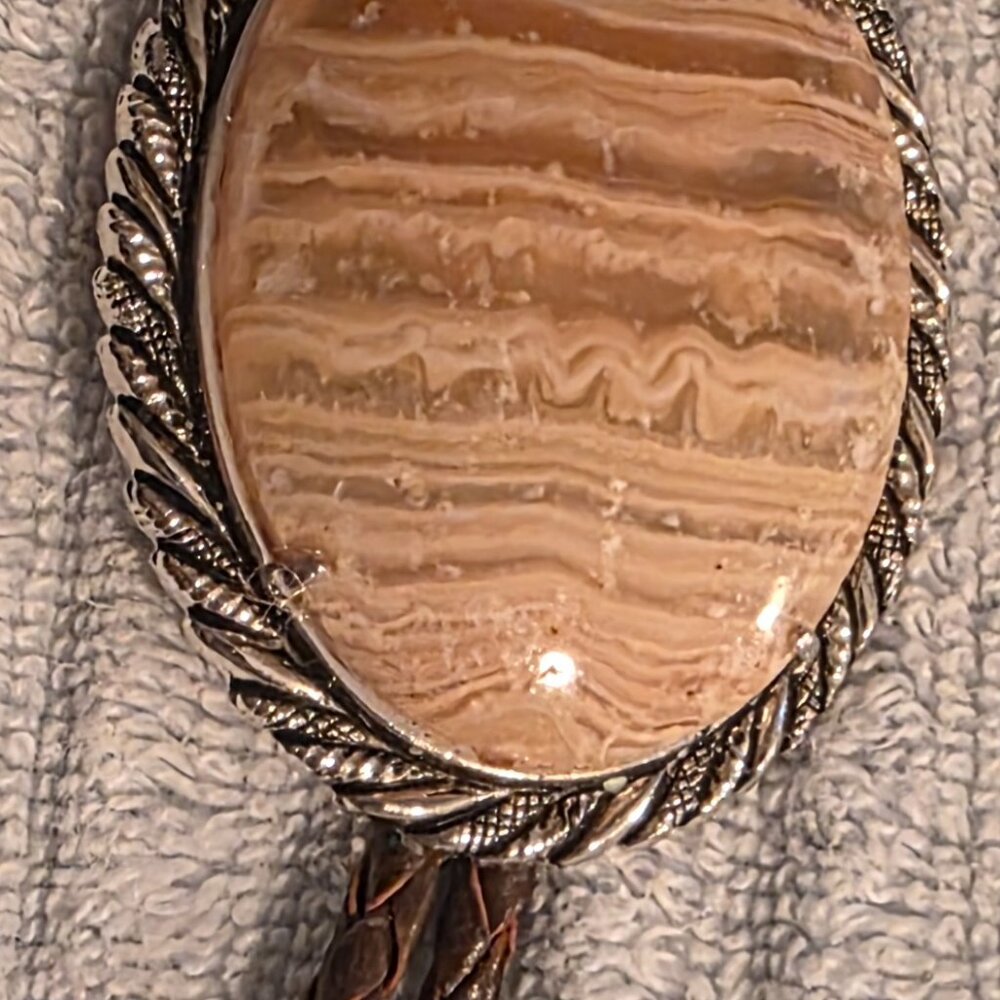Vintage Metal Bolo Tie, Bennett, Nice Big Brownish White Stone Design with Strip